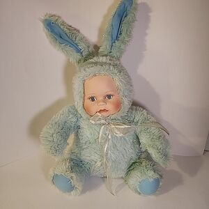 Vintage Porcelain Baby Face Plush Bunny Doll 17" Realistic Heavy Stuffed Rabbit